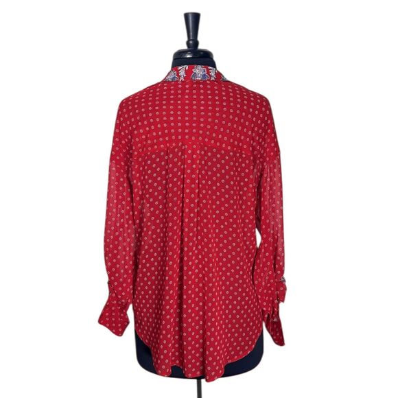 Free People Women’s M Red Bandana Paisley Easy Rider Sheer Chiffon Button Shirt - Picture 2 of 10
